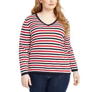Preppy Stripe Sweater Tommy Hilfiger Women's XXL Red White Navy V Neck Classic